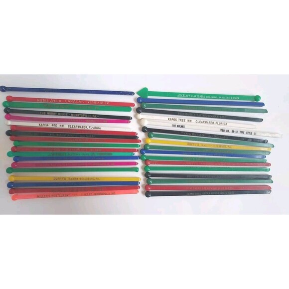 37 Assorted Vintage Retro Advertising Plastic Swizzle Sticks Drink Stirs - Picture 1 of 4